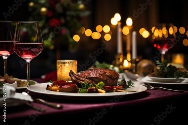 Fototapeta  a table topped with a plate of food and a glass of wine next to a plate with a turkey on it.