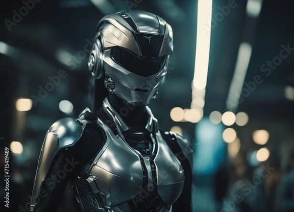 Fototapeta close- up Portrait of beautiful robot woman in cyber suit and helmet