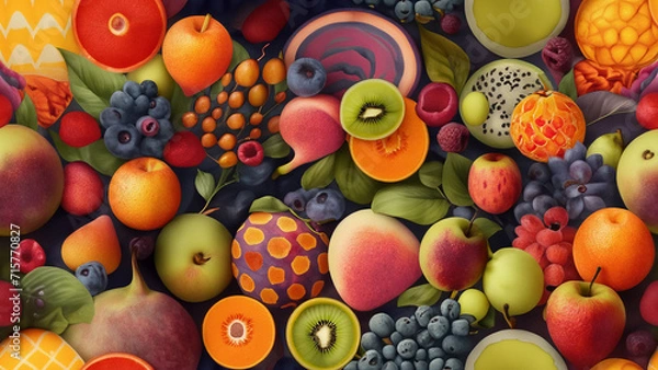 Fototapeta Vegetarian wallpaper with colorful fresh fruits vegan mosaic 4K