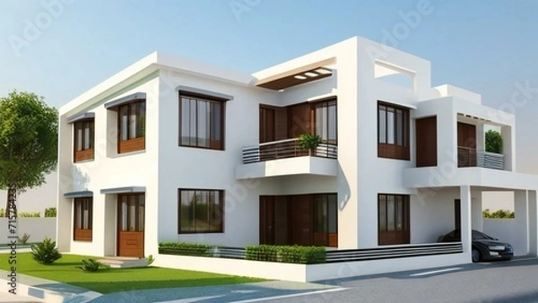 Obraz 3d house model rendering on white background, 3D illustration modern cozy house. Concept for real estate or property.