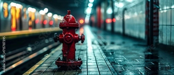 Fototapeta A bold red fire hydrant stands proudly on the bustling city sidewalk