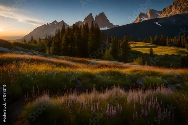 Fototapeta Envision the serenity of wildflowers carpeting the top of Schafler, with the iconic rocky peak of Santis gracing the horizon. The super realistic rendering