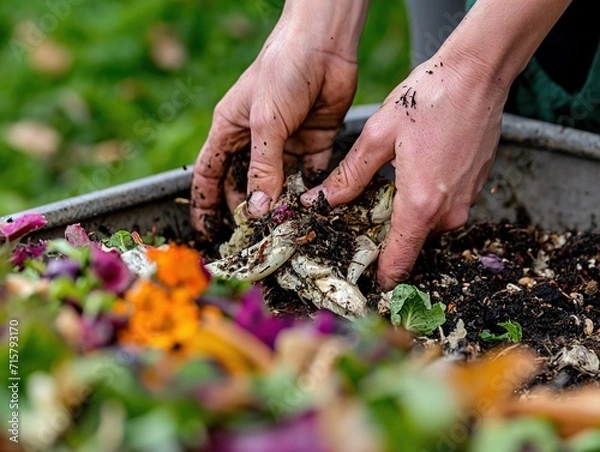 Fototapeta Macro shot of a person's hands composting kitchen scraps for a zero-waste lifestyle