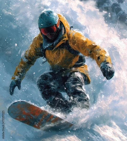 Obraz An adventurous individual braves the icy slopes on their snowboard, carving through the powdery snow and feeling the rush of the extreme sport while wearing a protective helmet