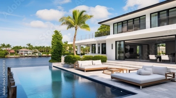 Fototapeta exterior of a house on the embankment, demonstrating the property's proximity to the water. Architectural features, landscaping and outdoor living spaces are highlighted