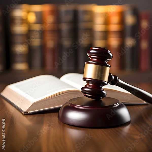 Fototapeta Judge Gavel in front of a law book with books in the background 