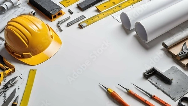 Obraz Helmet, ruler, drawing paper and construction tools on a white background with copy space. Construction, engineering background