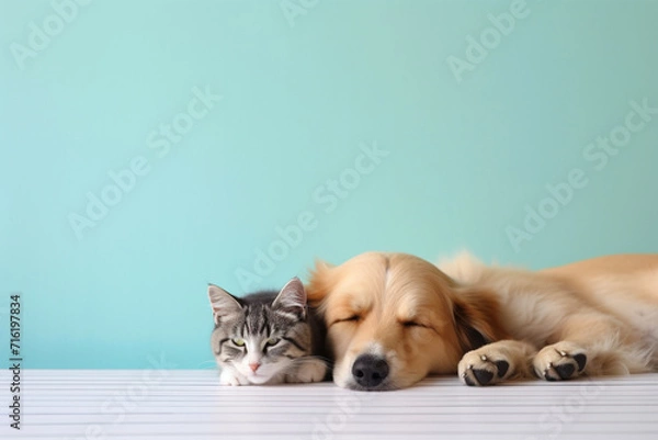 Fototapeta Sleeping dog together with cat on a minimalist background