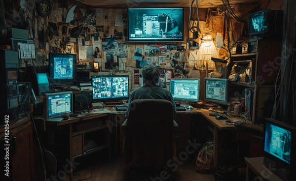 Fototapeta Man in a room watching television on a computer screen with a concept of digital communication and online media