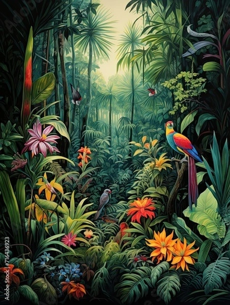 Fototapeta Tropical Jungle Wildlife: Original Painting of Rainforest Animal Illustrations