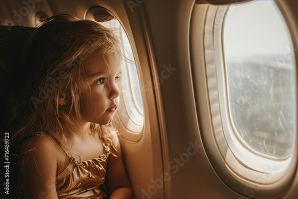 Fototapeta A girl sits on an airplane and looks out the window in surprise. A child enjoys the view from the airplane window.