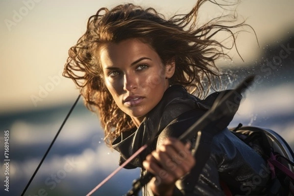 Fototapeta Portrait of a concentrated girl in her 30s practicing kitesurfing in the sea. With generative AI technology