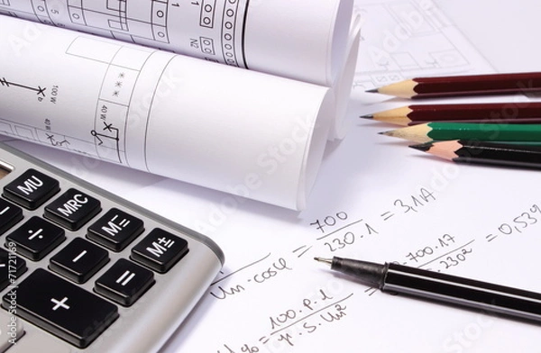 Fototapeta Electrical diagrams, calculator, mathematical calculations