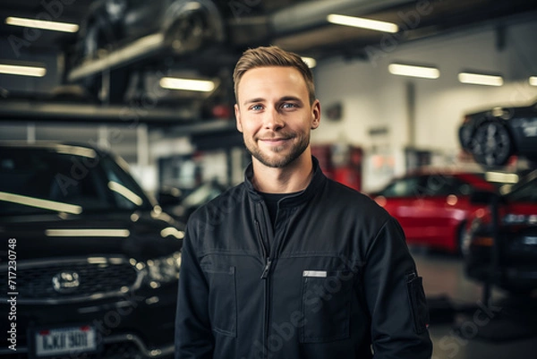 Fototapeta Handsome Caucasian Auto Mechanic at Garage Smiling