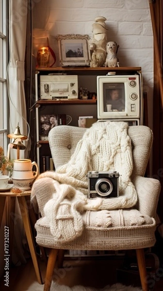 Fototapeta Creative Nook with Vintage Camera and Cozy Knits