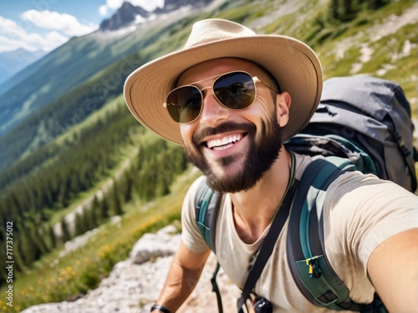 Fototapeta A stylish gentleman adorned in a hat and sunglasses captures a selfie during a sunny summer vacation day.