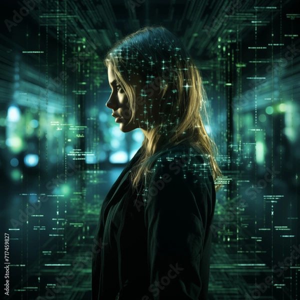 Fototapeta Profile of a thoughtful woman immersed in a glowing matrix of green binary code, symbolizing data analysis and cyber intelligence.
