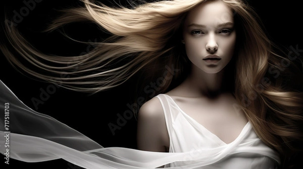 Fototapeta A serene woman with flowing hair is enveloped by a sheer