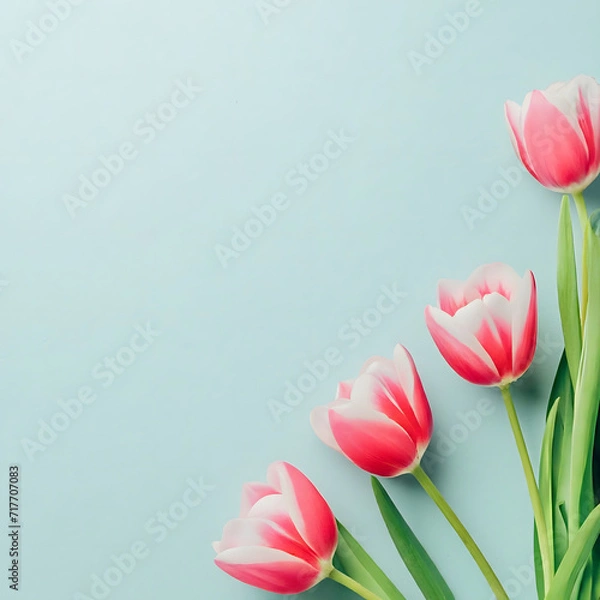 Fototapeta Banner with flowers on light blue background. Greeting card template