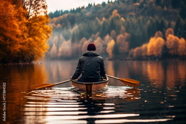 Fototapeta Generative AI picture of smiling person rowing a boat in a river through the forest