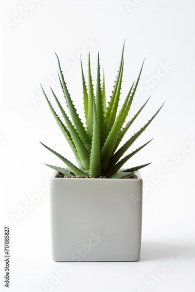 Fototapeta Houseplant aloe. Green sprout in a square ceramic pot. Evergreen potted plant isolated on white background.