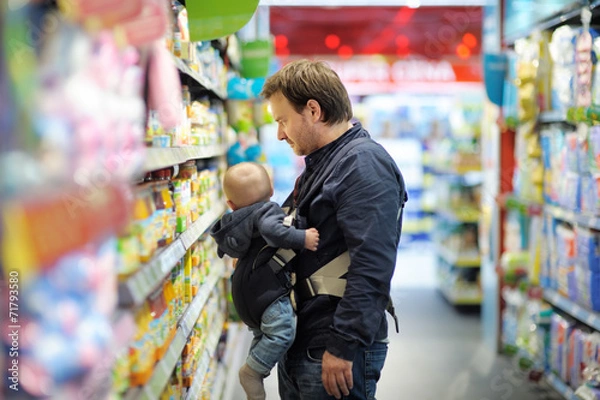 Fototapeta Father and his son at supermarket