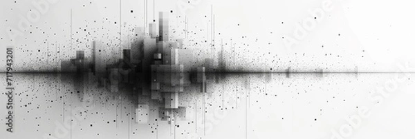 Fototapeta "Exploding Pixels" unfolds with precision in black and grey against a pristine white backdrop, utilizing simple shapes to craft an elegant and adaptable design for wallpaper, posters, banners