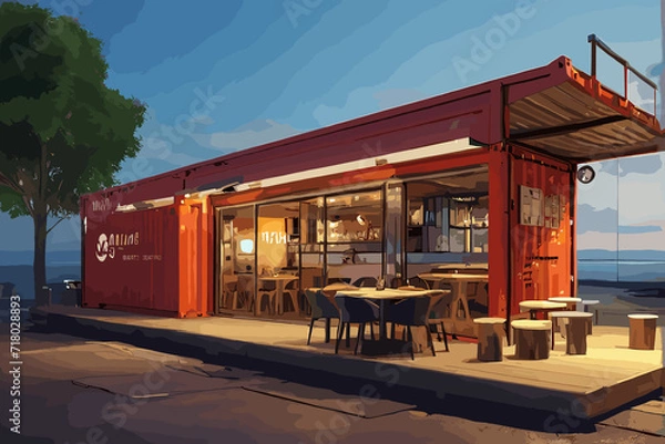 Fototapeta Shipping Container Restaurant with red color , 3d rendering