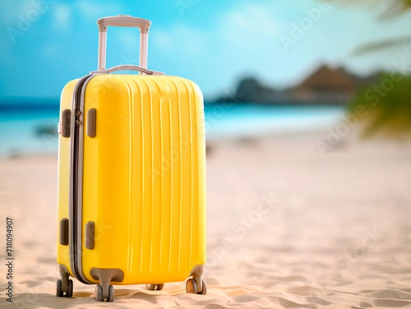 Fototapeta Travel suitcase on tropical sand beach background. Travel and vacation concept.