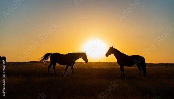 Obraz horses silhouette in the meadow with a beautiful sunset