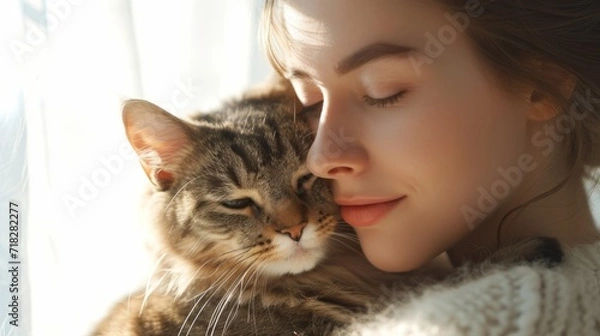 Fototapeta Beautiful young woman with cat at home, closeup. Lovely pet