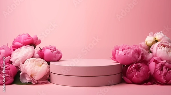 Fototapeta Présentoir, podium rose. Composition florale de branches et fleurs de cerisier. Piédestal pour produit cosmétique ou de beauté. Naturel, élégant, féminin. Pour conception et création graphique.