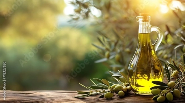 Fototapeta Olive oil and olive branches on a wooden table, on a blurred background of an olive grove, banner, space for text. Generated AI