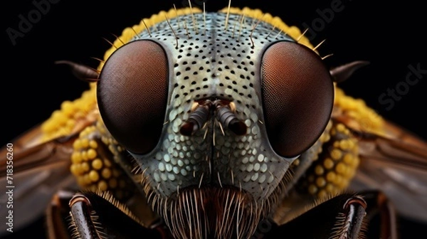 Fototapeta  a close - up of a fly's head with yellow and brown dots on it's wings and eyes.