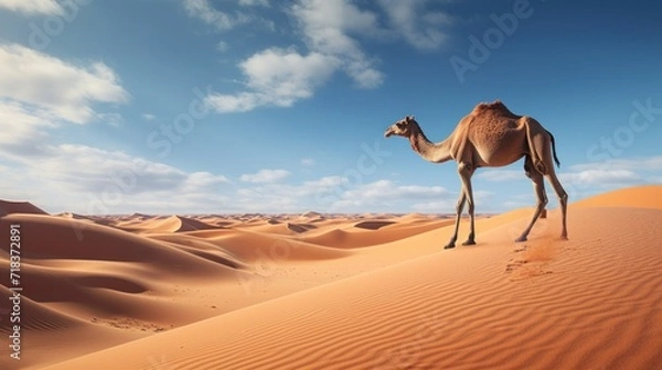 Fototapeta  a camel standing in the middle of a desert with a blue sky and white clouds in the backgroud.