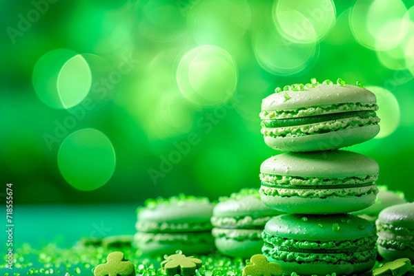 Fototapeta Shamrock leaves macaroons with a St. Patrick's Day theme showcased against a green bokeh background.
