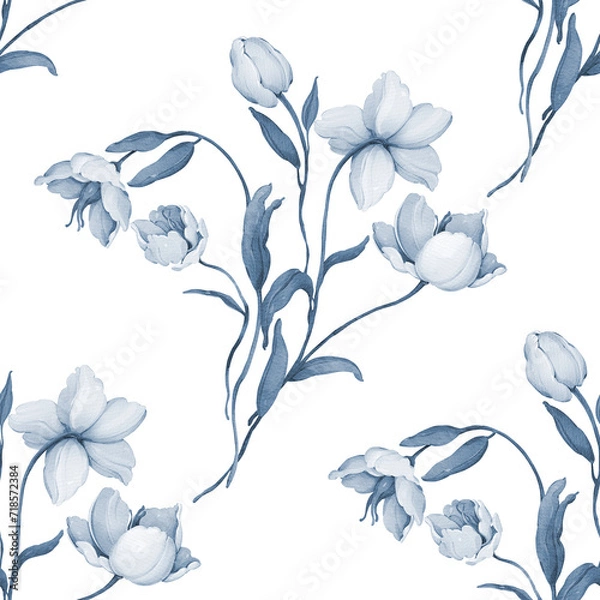 Fototapeta Seamless pattern with bouquets of wild flowers in indigo tones