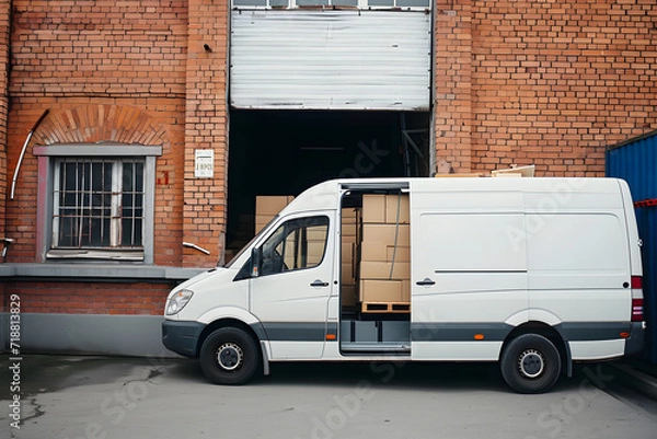 Fototapeta Photo from the side of white van waiting to load packages for further delivery to customers. Logistics and delivery concept