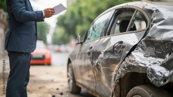 Fototapeta Insurance agent examining damaged car parked on street after accident