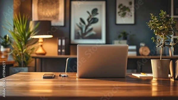 Fototapeta A photo of a stylish laptop on a wooden desk, slightly off-center, in a spacious office room