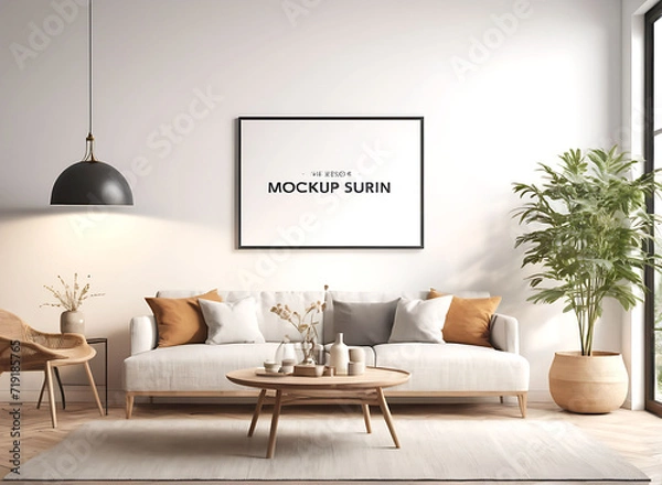 Fototapeta Frame mockup, ISO A paper size. Living room poster mockup. Interior mockup with house white background. Modern interior design. 3D render