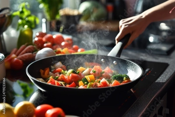 Fototapeta Woman cooking vegetables on a frying pan on electric stove