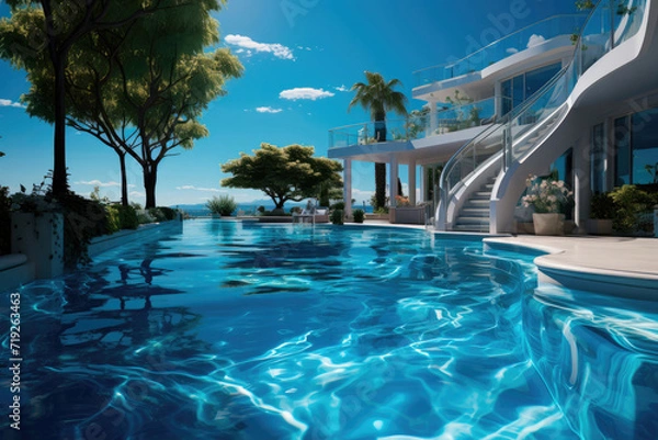 Fototapeta Outdoor swimming pool with clear water in the villa