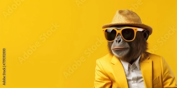 Fototapeta Monkey with yellow sunglasses and jacket on a yellow background.