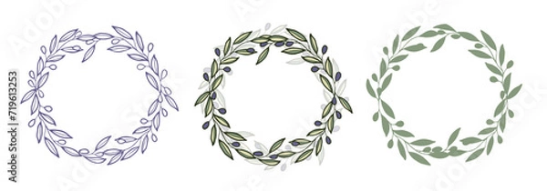 Fototapeta Circle wreath frame of olive branches and berries.