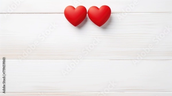 Fototapeta two red hearts on old rustic white wooden table top view. Valentine's day concept