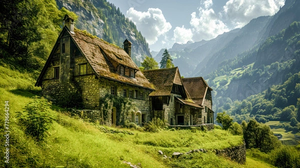 Fototapeta Rural Surroundings Village Castle Landscape in the Alps in Switzerland Austria Italy Bavaria Peace and Quiet Wallpaper Digital Art Magazine Background Poster