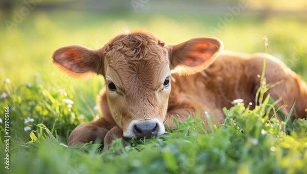 Fototapeta little calf sitting on the grass Generative AI