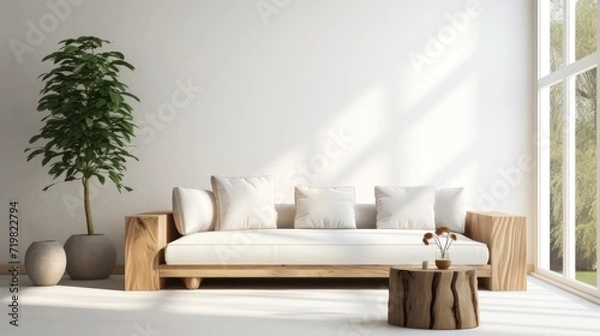 Obraz A Minimalist interior design of a modern living room, sofa and stump pillows, in a room with morning sunlight streaming through the window.