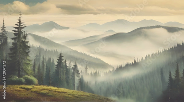 Fototapeta Fir forest with misty landscape